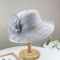 Women vintage grey lace dome hat summer elegant mesh flower sun hat British style cloche - Adjustable / Gray