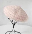 Béret pied-de-poule rose pour femme, chapeau peintre tricot alpaca confortable automne hiver. - M (56-58cm) / Pied-de-Poule Rose