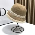Women winter warm knitted bucket hat with fuzzy contrast trim casual stylish sun basin cap - Adjustable / Knitted Fleece Bucket Hat / Dark Khaki - Beige Brim