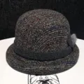 Women vintage plaid dome hat autumn winter tweed cloche hat retro bucket hat with fur ball - Adjustable / Dark Gray