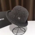 Women autumn winter wool bucket hat retro vintage warm dome basin hat with metal M decoration - Adjustable / Dark Gray