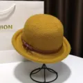 Yellow knit dome hat wool cloche hat with brown leather belt detail for women fashion. - Adjustable / Yellow