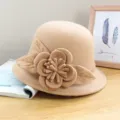 Detail view of women vintage wool felt dome bowler hat in camel with elegant flower leaf decor. - Solid Color Peony - Camel / Adjustable