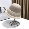 Beige knit plush bucket hat for women, thick warm winter fisherman cap with soft fleece trim. - Adjustable / Knitted Fleece Bucket Hat / Lotus Pink - Beige Brim