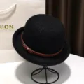 Black wool bowler hat for women, elegant Hepburn style dome felt hat with brown belt decor. - Adjustable / Black
