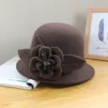 Retro brown dome bowler hat for women, elegant wool felt hat with flower detail detail view - Monochrome Peony - Coffee / Adjustable