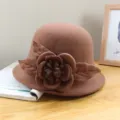 Vintage wool felt dome bowler hat for women, featuring a chic 3D flower accent for autumn. - Solid Color Peony - Caramel / Adjustable