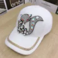 Berretto da baseball in peluche bianco con motivo volpe in strass brillanti per donna - Stile Grande Volpe / Bianco
