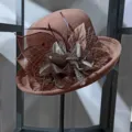 Women elegant brown wool felt fedora hat retro British style winter hat with mesh flower decor. - Adjustable (57cm-59cm) / Caramel color