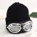 Moda caliente gorro de punto negro con gafas de piloto, gorro de esquí de invierno. - M (56-58cm) / Negro