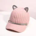 Casquette de baseball en tricot rose pour femme avec oreillettes de chat et strass brillants - M (56-58cm) / Rose