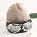 Mujer invierno calido sombrero de punto con gafas de piloto, gorro de esquí grueso moda. - M (56-58cm) / Caqui