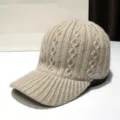 Beige cable knit baseball cap for women, warm winter woolen casual hat with visor. - Adjustable / Light Khaki