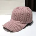 Pink cable knit winter baseball cap for women, warm fleece casual wool hat and visor. - Adjustable / Pink