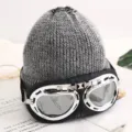 Gorro de punto cálido de invierno con gafas de piloto retro, gorro de esquí de lana gruesa. - M (56-58cm) / Gris oscuro