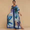 Loose boho 3d floral print maxi caftan dress, elegant resort wear v-neck vacation beach cover up. - One Size / Robe (AK-0779-2)