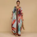 Elegant resort kaftan dress with vibrant floral 3D print, loose fit and comfortable long style for summer. - One Size / Robe (AK-0779-3)