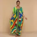 Colorful 3D abstract print maxi dress, loose V-neck resort kaftan style for women. - One Size / Robe (AK-0779-5)