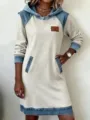 Close-up detail of casual denim spliced hoodie dress, long sleeve, pocket and cuff design. - Beige and Blue Patchwork (Style 1)