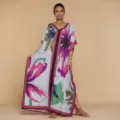 Boho 3D Floral Print Long Caftan Dress Loose V-Neck Beach Cover Up Vacation Maxi Dress - One Size / Robe (AK-0779-7)