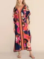 Bohemian 3D printed long kaftan dress, loose V-neck resort beach cover up for women. - One Size / Robe (AK-0779-9)