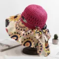 Chapeau de soleil d'été pour femme à large bord avec nœud imprimé floral, chapeau de plage. - Réglable / Patchwork Rose Rouge