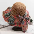 Chapeau de paille d'été pour femme à large bords avec ruban, anti-UV chapeau de plage. - Réglable / Patchwork Rouge