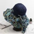 Chapeau de soleil élégant pour femme grand bord motif cachemire nœud pour plage été UV - Réglable / Patchwork Marine