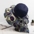 Chapeau de soleil femme large bord plage chapeau de paille avec nœud en tissu. - Réglable / Patchwork Cercle Marine