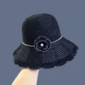 Women summer black crochet sun hat with sparkling flower and pearl beach outdoor cap - One Size / Black