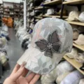Women Floral Lace Baseball Cap Summer Sun Protection Hat Rhinestone Butterfly Casual - 54-58cm (Adjustable) / Pink Butterfly
