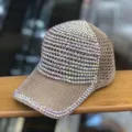 Detailed close-up of a sparkling rhinestone mesh baseball cap, summer hollow knit hat. - Adjustable / Khaki