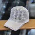 Close-up detail of summer rhinestone mesh baseball cap, sparkling crystal knit hat view. - Adjustable / White