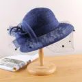 Navy blue vintage lace dome hat with mesh veil and flower decoration for women summer. - Adjustable / Navy Blue