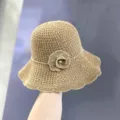Women Summer Straw Sun Hat Hollow Out Beach Fisherman Hat Khaki Floral Rhinestone Band - One Size / Khaki