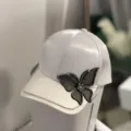 White rhinestone baseball cap for women, stylish mesh butterfly design sun hat for summer. - Adjustable / White