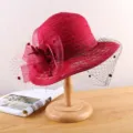 Women vintage red mesh fascinator hat elegant tea party derby hat stylish bridal headwear - Adjustable / Burgundy
