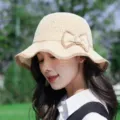 Beige crochet bucket hat for women summer sun protection with bow and rhinestone detail - Bowknot Ruffle Style (FS-013) / Beige