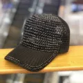 Black rhinestone knit baseball cap detail shot, breathable hollow mesh sun visor hat. - Adjustable / Black