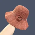 Woven Crochet Sun Hat with Rhinestone Band and Flower Accent in Rust Brown for Summer Beach - One Size / Caramel color