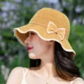 Women hollow woven bucket hat summer stylish bow sunshade cap foldable sun protection hat - Bowknot Ruffle Style (FS-013) / Yellow