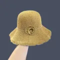 Women Summer Crochet Straw Bucket Hat Floral Rhinestone Sun Beach Hat Breathable - One Size / Turmeric
