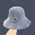 Women Summer Hollow Out Knit Bucket Hat Sun Beach Hat Floral Strap Casual Breathable - One Size / Gray