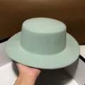 Mint green flat top wool felt hat for women, chic autumn winter retro britain style bowler hat. - Adjustable (55-60cm) / Bean Green