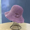 Korean style women hollow knitted sun hat with rhinestone flower elegant beach bucket hat - One Size / Fuschia