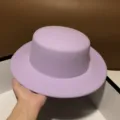 Lavender flat-top felt hat, elegant wool fedora cap for women winter autumn fashion retro style. - Adjustable (55-60cm) / Purple