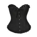 Black corset bustier with ruffle trim and bow front shaping waist shaper detail view - XS / Tops / Black