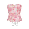 Pink floral lace corset top with boning support and garter straps for women detailed view. - XS / Pink
