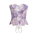 Purple floral lace corset bustier, irregular layered mesh boned shapers top with garters. - XS / Lavender