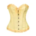 Yellow floral brocade corset top with ruffled trim, front bow tie and busk closure details. - XS / Tops / Yellow